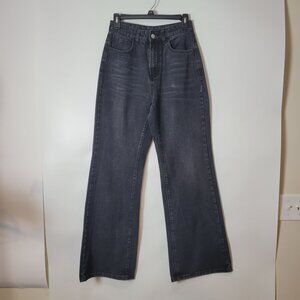 Shein Black High-Waisted Wide-Leg Denim Jeans Distressed Look